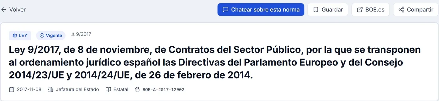 Cabecera de la ficha de la Ley 9/2017 de Contratos del Sector Público, vigente, con el botón para chatear sobre la norma