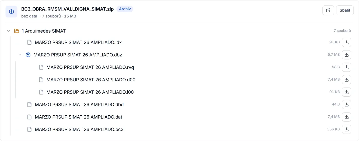 Komprimovaný archiv zakázky otevřený jako strom složek