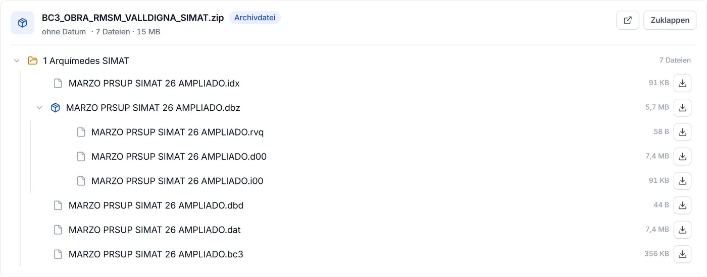 Archivdatei einer Ausschreibung, als Ordnerbaum geöffnet