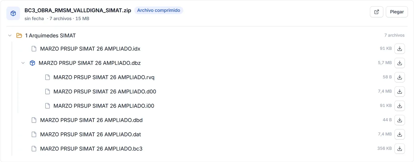 Archivo comprimido de una licitación abierto como un árbol de carpetas