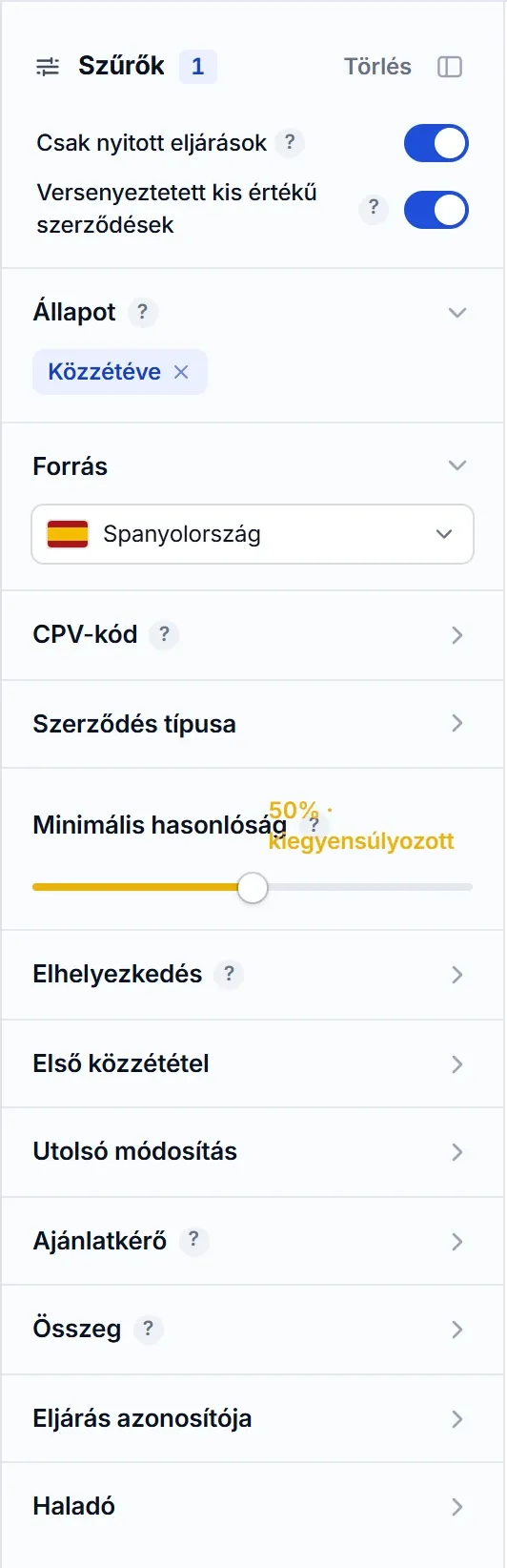 Az El Vínculo keresőjének szűrőpanelje