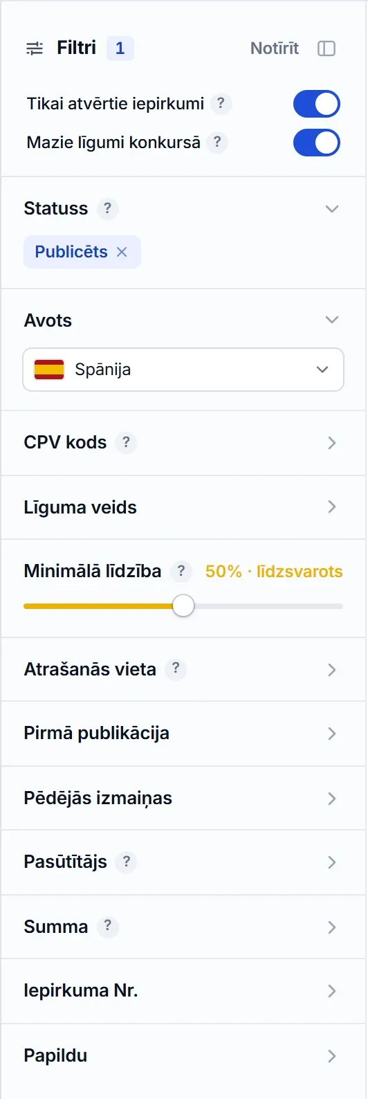 El Vínculo meklētāja filtru panelis