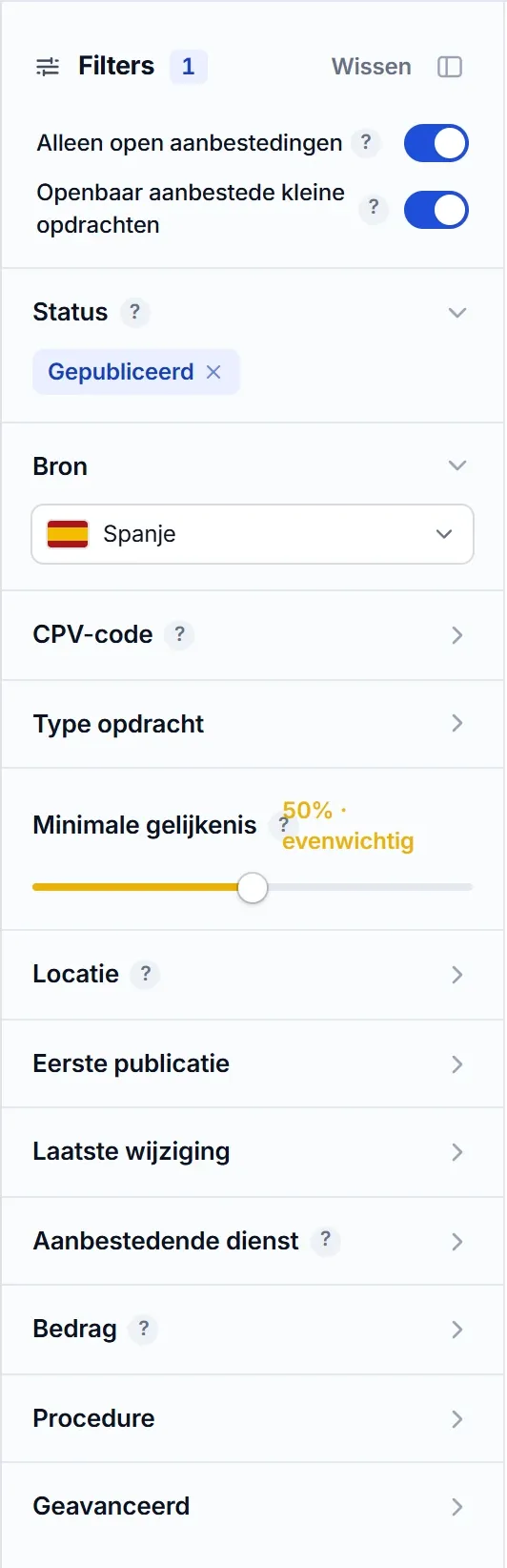 Filterpaneel van de zoekmachine van El Vínculo