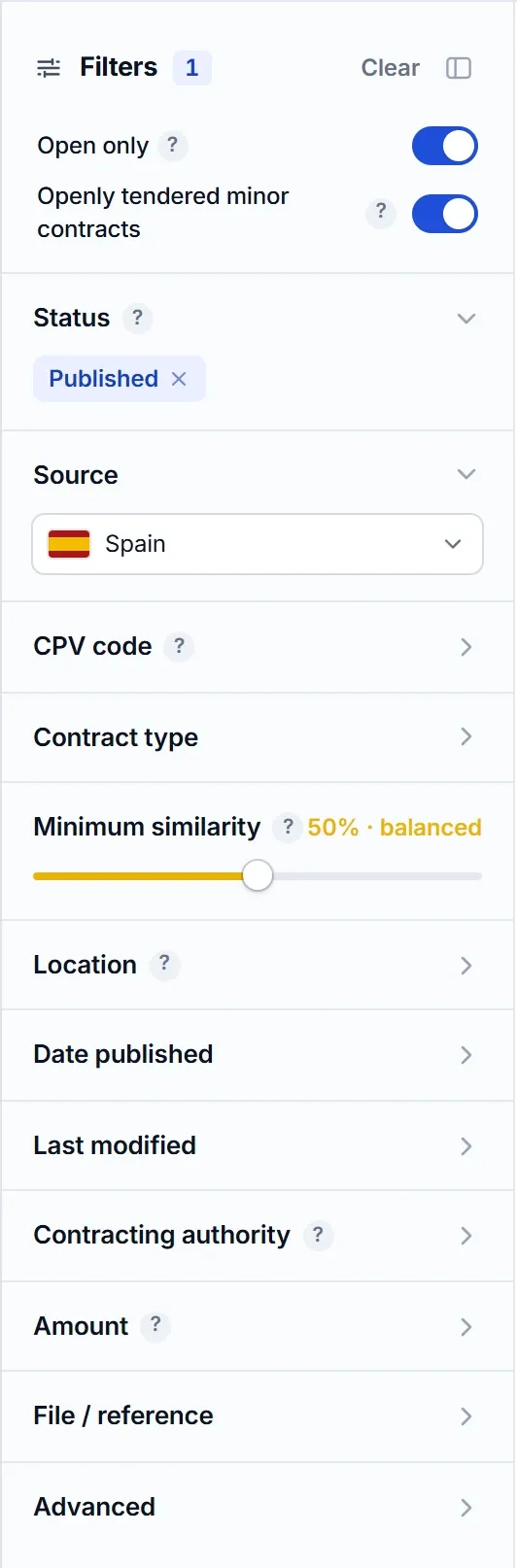 Filter panel of the El Vínculo search