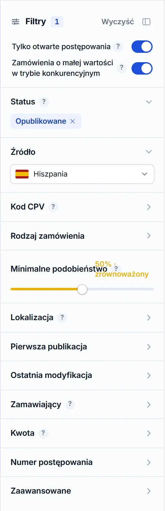 Panel filtrów wyszukiwarki El Vínculo