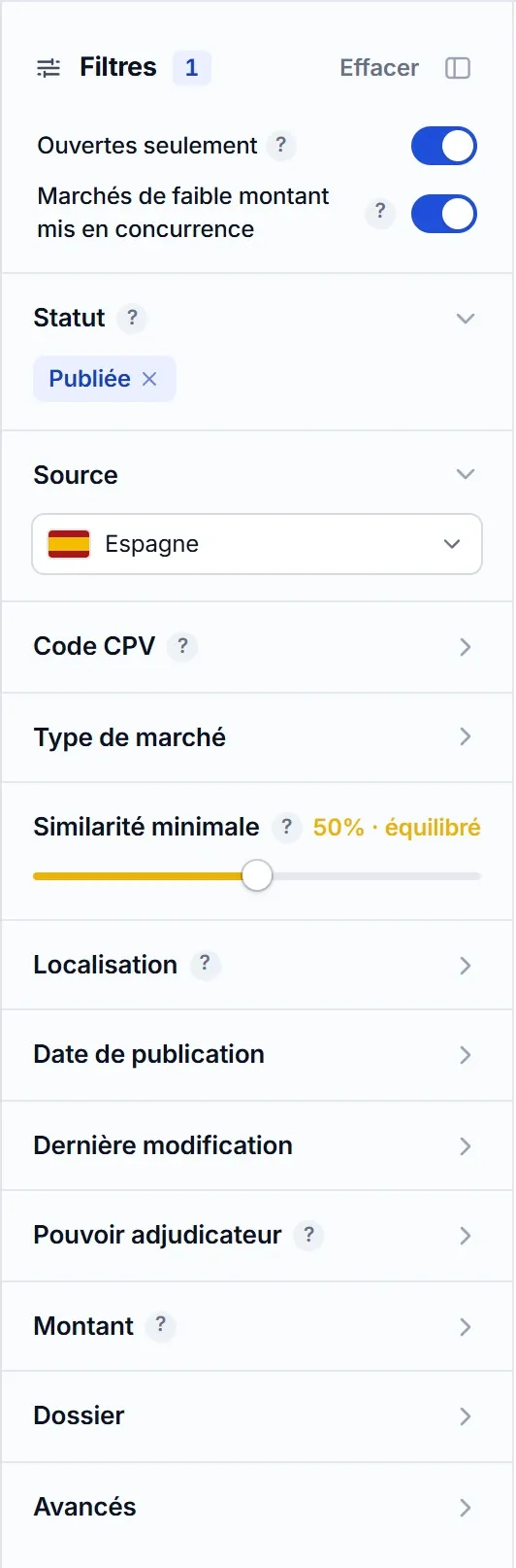 Panneau de filtres du moteur de recherche El Vínculo