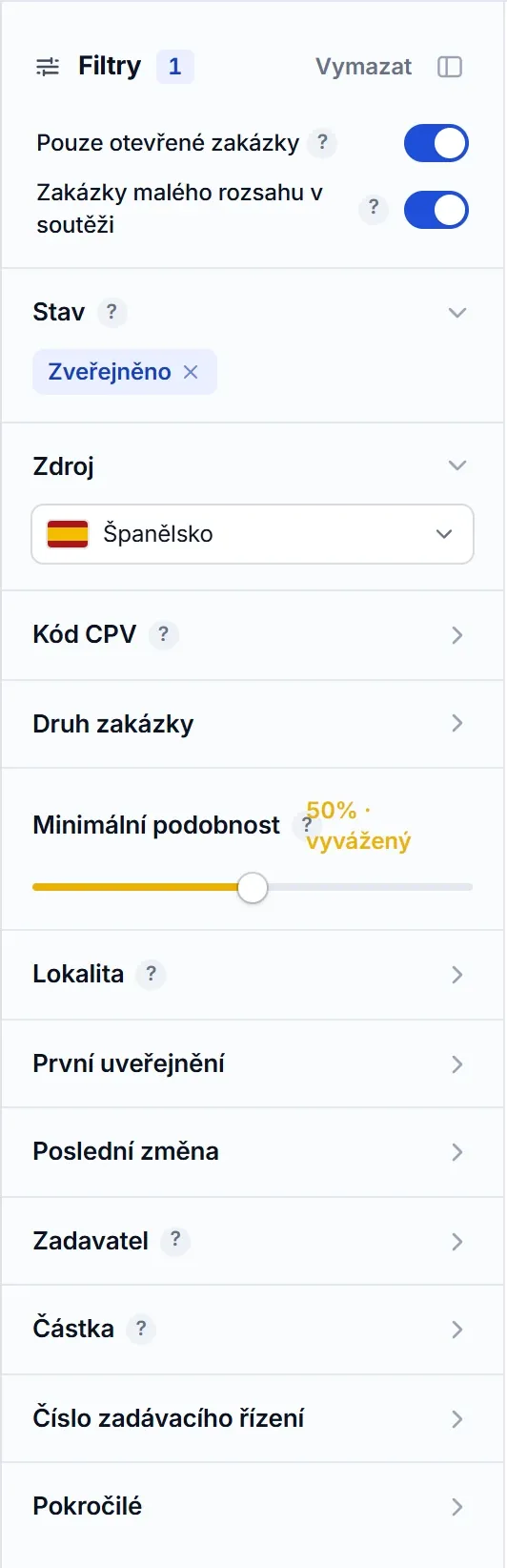 Panel filtrů vyhledávače El Vínculo