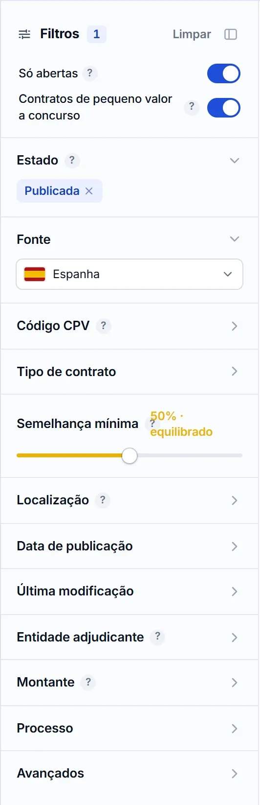 Painel de filtros do motor de pesquisa do El Vínculo