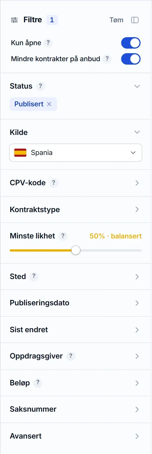 Filterpanelet i søkemotoren til El Vínculo
