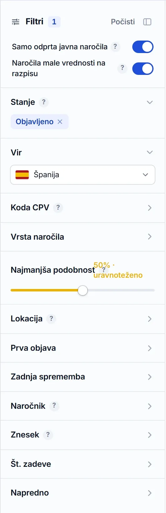 Plošča filtrov iskalnika El Vínculo