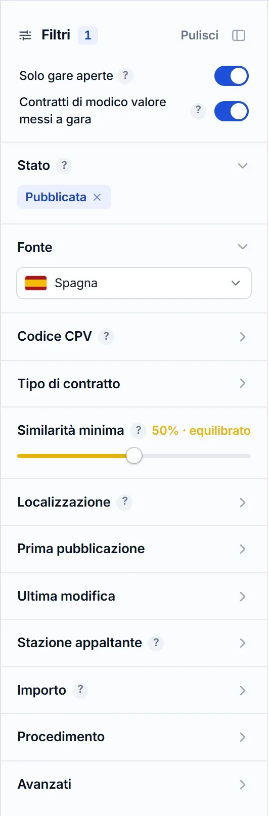 Pannello dei filtri del motore di ricerca di El Vínculo