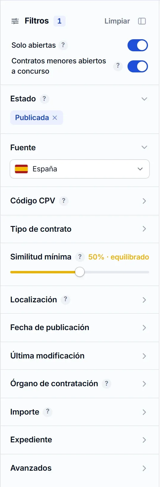 Panel de filtros del buscador de El Vínculo