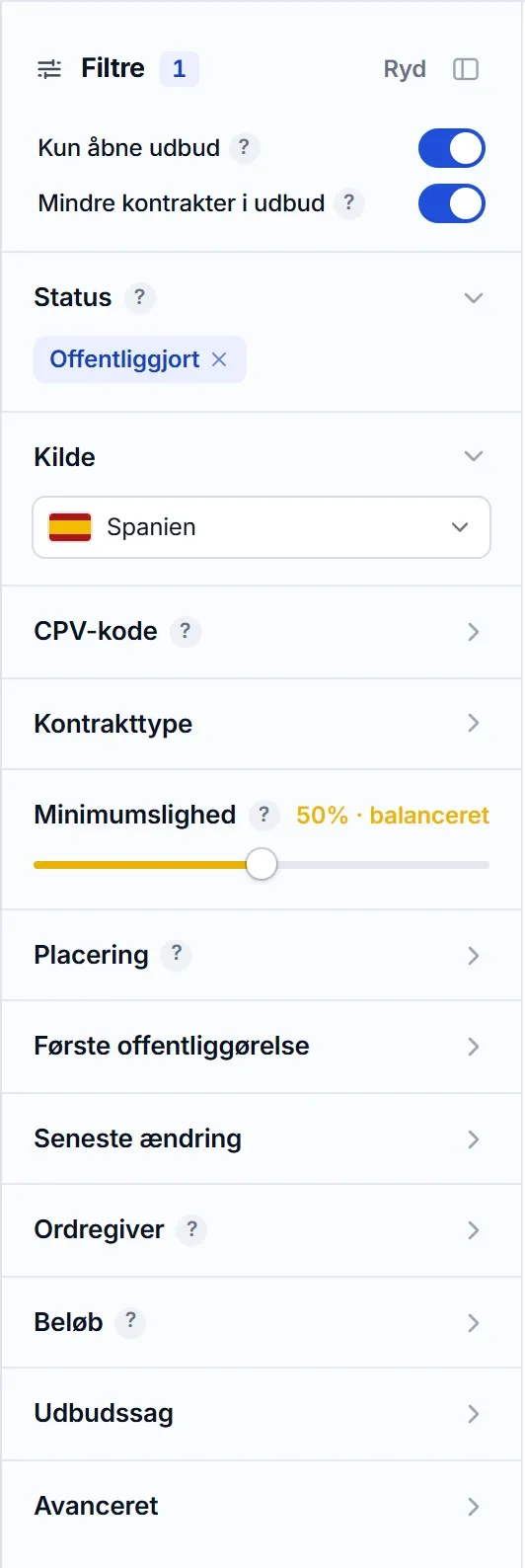 Filterpanelet i El Vínculos søgemaskine