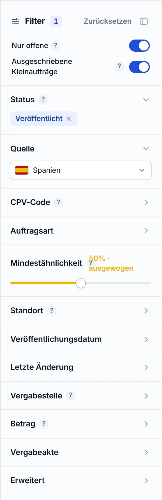 Filterpanel der Suche von El Vínculo